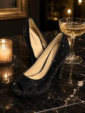 Diva Lounge Black Sequin Peep Toe Platform Heels Size 8 Party Evening Pumps